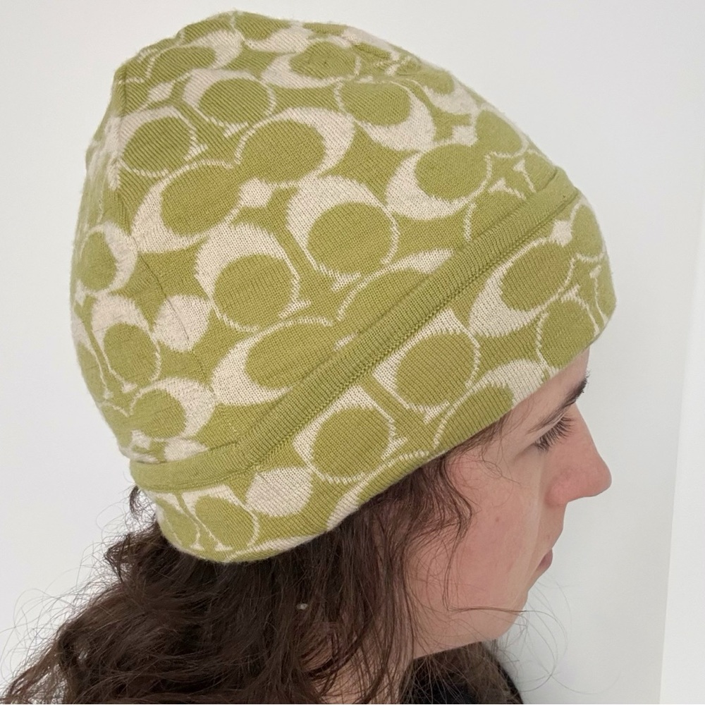 Coach Green Cream Logo Beanie Winter Y2K Ski Merino Wool Polka Dot Designer Twee